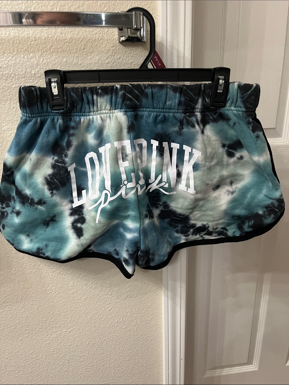 PINK Victoria's Secret Teal & Black Tie-Dye 'Love Pink' Athletic Shorts